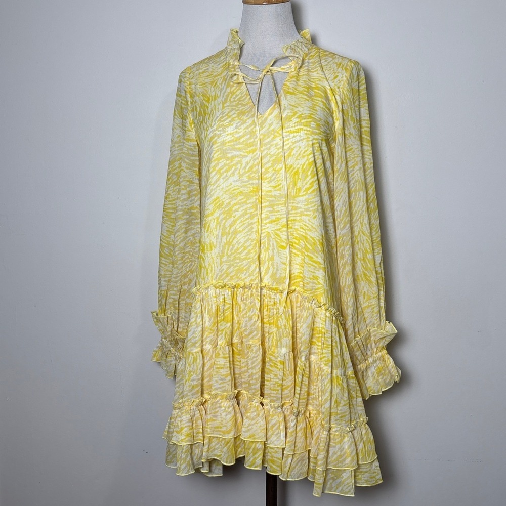 KLEID Tiered Ruffle Mini Dress XS Butter Yellow‎ Sheer Coquette Romantic Boho